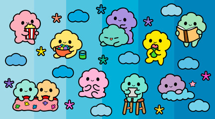 Fototapeta premium Playful cute cloud cartoon characters with fun activities in the sky, cute colorful banner and background, vector illustration.