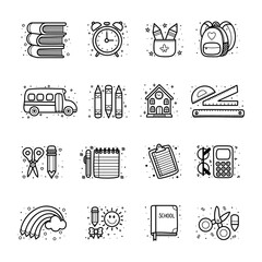 School supplies and education icons collection, cute doodle line art style, back to school themed design, vector illustration.