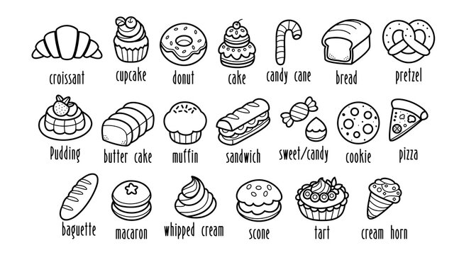 Collection of bakery and dessert icons with names, delicious hand drawn doodles, cute line art outlines, vector illustration.