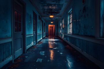 Fototapeta premium Haunting Abandoned Asylum with Eerie Flickering Lights, a chilling atmosphere envelops the derelict halls, shadows dance on the walls, whispers of the past linger in the air.