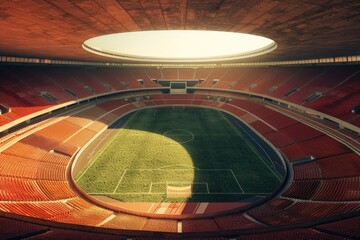 Soccer stadium empty with red seats under skylight