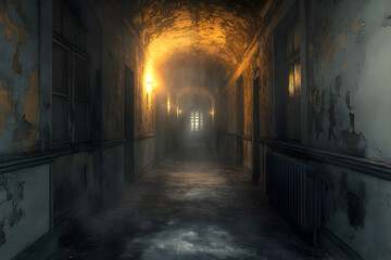 Fototapeta premium Eerie Abandoned Asylum, a haunting structure with crumbling walls, flickering lights casting ghostly shadows, an unsettling atmosphere echoing with forgotten whispers