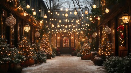 Obraz premium enchanting christmas scene with twinkling fairy lights ornate ornaments and lush greenery create magical holiday atmosphere