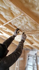 Worker installing ceiling insulation in construction