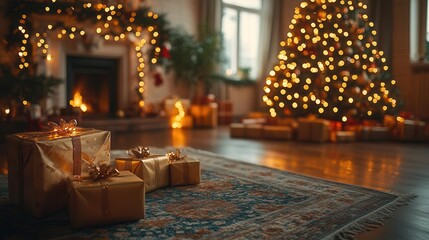 enchanting living room scene with twinkling christmas tree beautifully wrapped gifts and cozy holiday decorations warm golden lighting and festive atmosphere