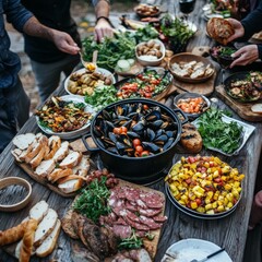 Obraz premium Rustic Feast on Wooden Table Surrounded by People