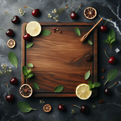 A nice wood and marble background for an Instagram post. Dark and brown with rusty undertones, vibrant and simple, empty in the center with lemon slices, a few cherries, mint and herbs in the corner.