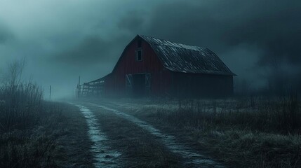 Haunted barn, eerie Halloween night with text space,