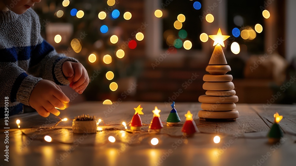 Poster a child is playing with a christmas tree made of wooden blocks. the tree has a star on top and is su