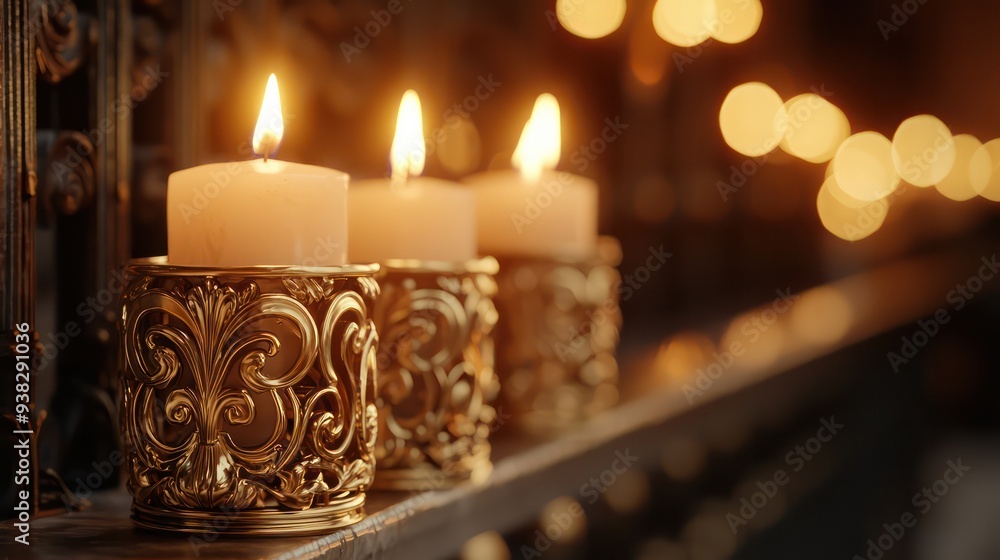 Aufkleber three candles are lit and placed on a shelf. the candles are lit and the scene is warm and inviting