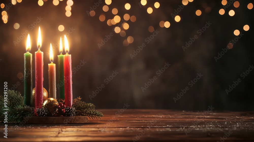 Poster a table with four lit candles and a green leaf on top. the candles are of different colors and are a