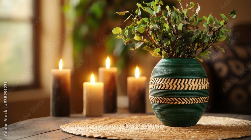 Poster a green vase with a green and brown striped base sits on a table with four candles. the scene has a 