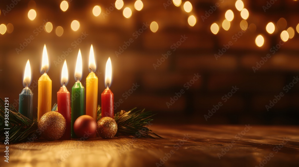 Poster A row of candles are lit on a wooden table with a green leaf and a red ball. The candles are of different colors and sizes, creating a warm and cozy atmosphere. Concept of relaxation and comfort