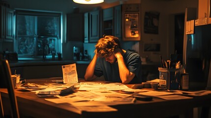 A stressed individual sits at a cluttered kitchen table surrounded by bills and paperwork, emphasizing feelings of financial anxiety and overwhelm. 