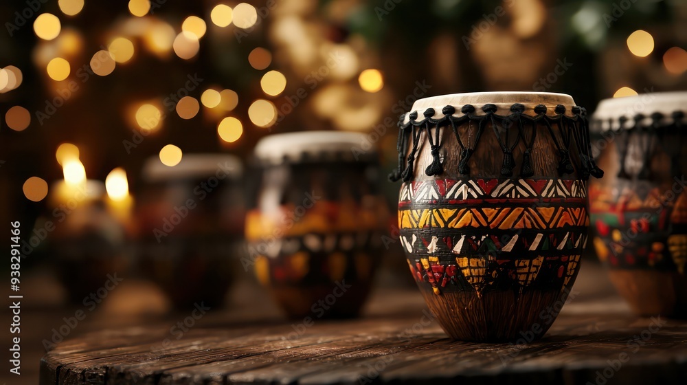 Aufkleber a group of colorful drums are sitting on a wooden table. the drums are decorated with patterns and d
