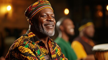 Obraz premium A man wearing a colorful shirt and hat is smiling. He is surrounded by other people, some of whom are playing drums. The scene has a lively and joyful atmosphere