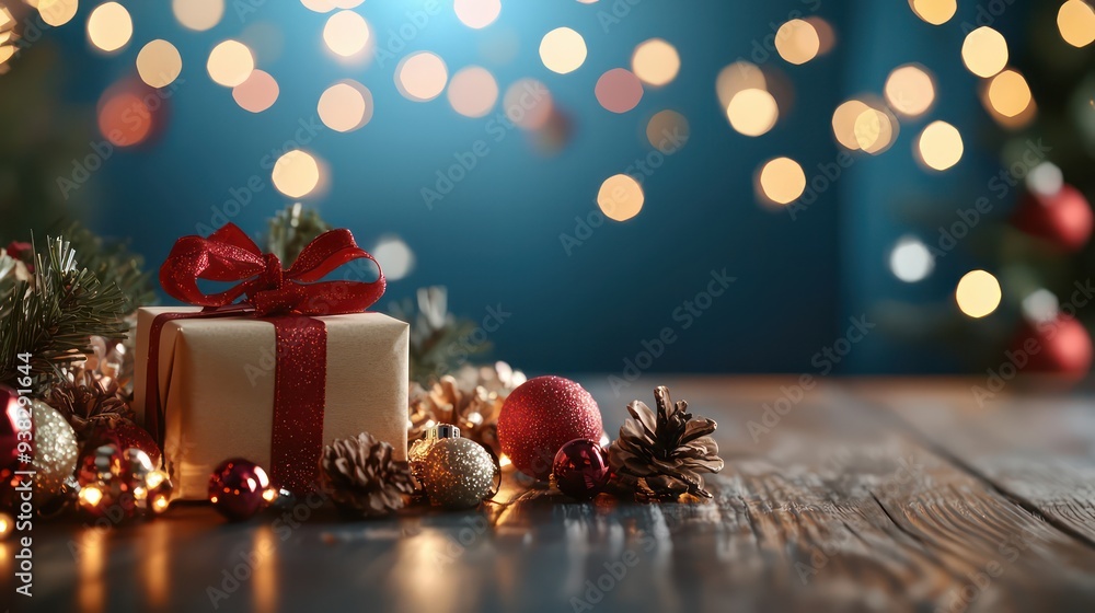 Poster a brown box with a red ribbon sits on a wooden table. the box is decorated with christmas ornaments 