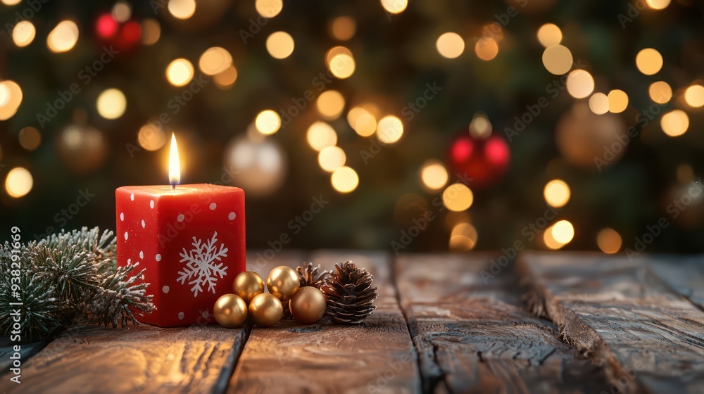 Poster a red candle sits on a wooden table with a christmas tree in the background. the candle is lit, crea