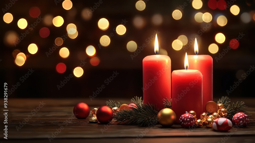 Poster Three red candles are lit on a wooden table with a red wreath and other decorations. The candles are arranged in a row, with one in the middle and two on the right. The scene conveys a warm