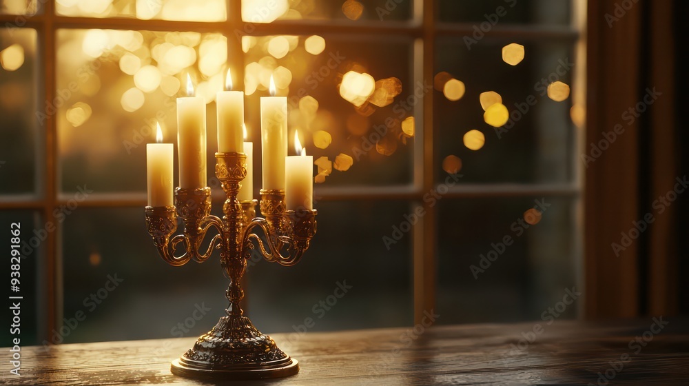 Poster a candle holder with six candles in it sits on a table. the candles are lit and the holder is made o