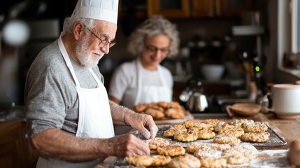 A man and woman are in a kitchen, making pastries. The man is wearing an apron and a chef hat