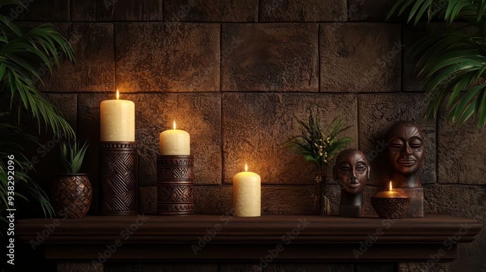 Poster a shelf with candles and a vase of flowers. scene is warm and inviting