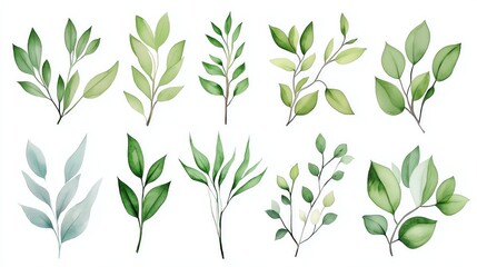 Watercolor Illustration of Twelve Green and Blue Leaves Isolated on White Background.