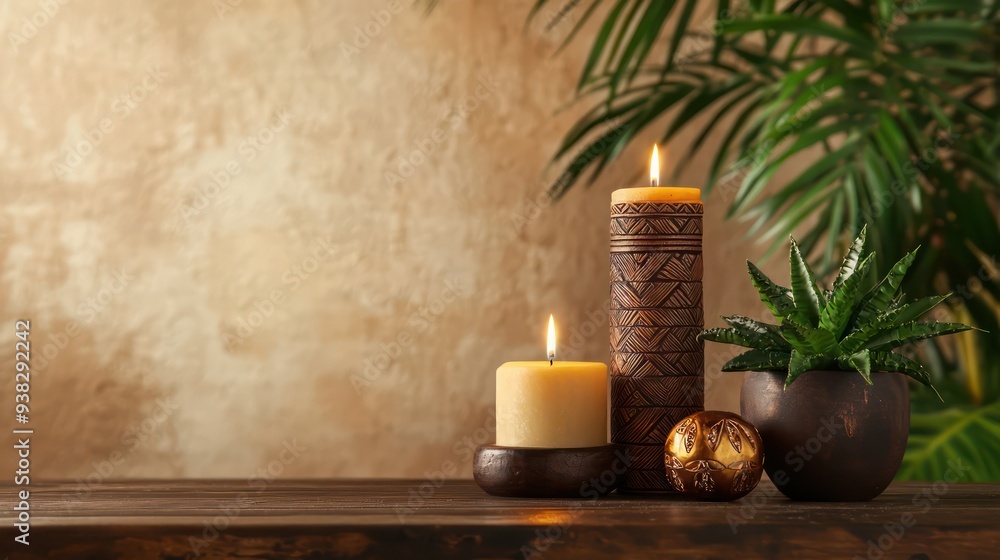 Poster a table with candles and a plant. the candles are lit and the plant is a small cactus. scene is calm