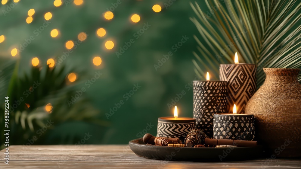 Poster a table with candles and a vase of palm leaves. scene is warm and inviting