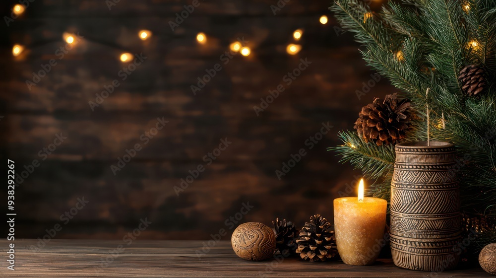 Poster a wooden table with a lit candle and pine cones on it. the scene has a warm and cozy atmosphere, per