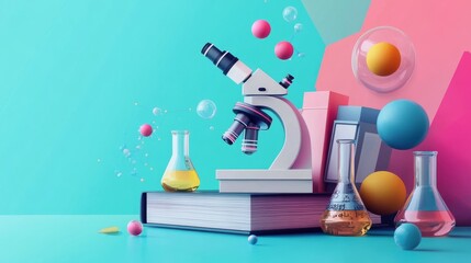 Geometric school sale banner with microscope, books, and flask.