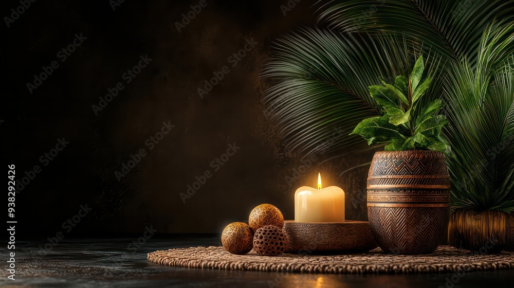 Poster A candle is lit on a table with a vase and some other objects