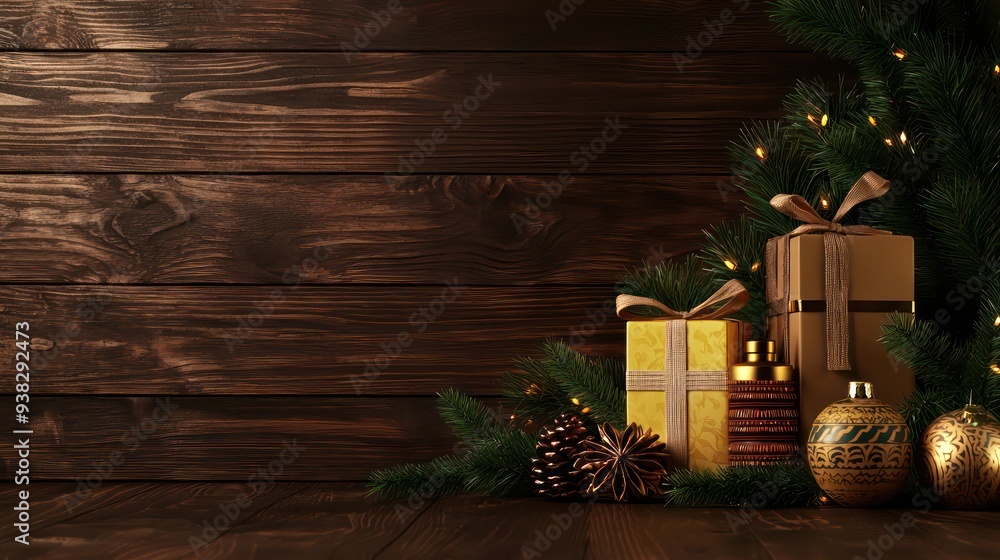 Poster a wooden background with a christmas tree and presents. the presents are wrapped in brown paper and 