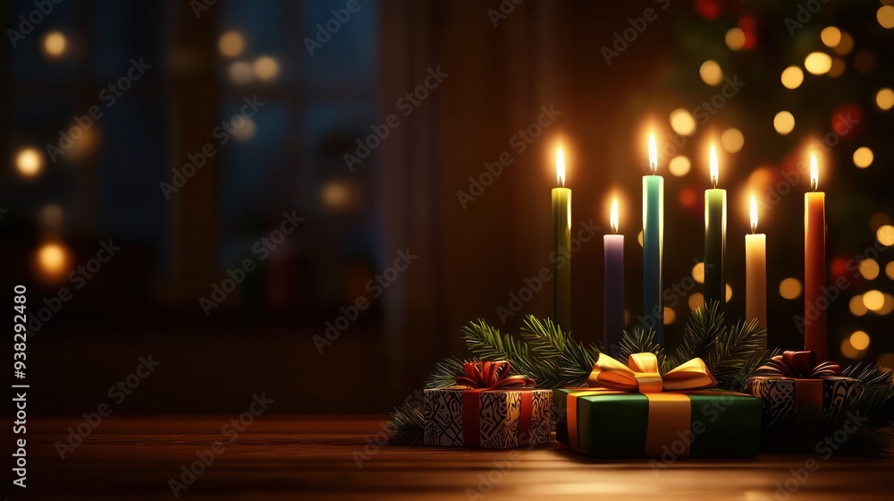 Poster a table with a bunch of candles and a christmas tree in the background. the candles are lit and arra