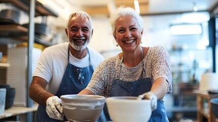 A joyful senior couple is smiling while showcasing their pottery creations in a bright and welcoming studio atmosphere.