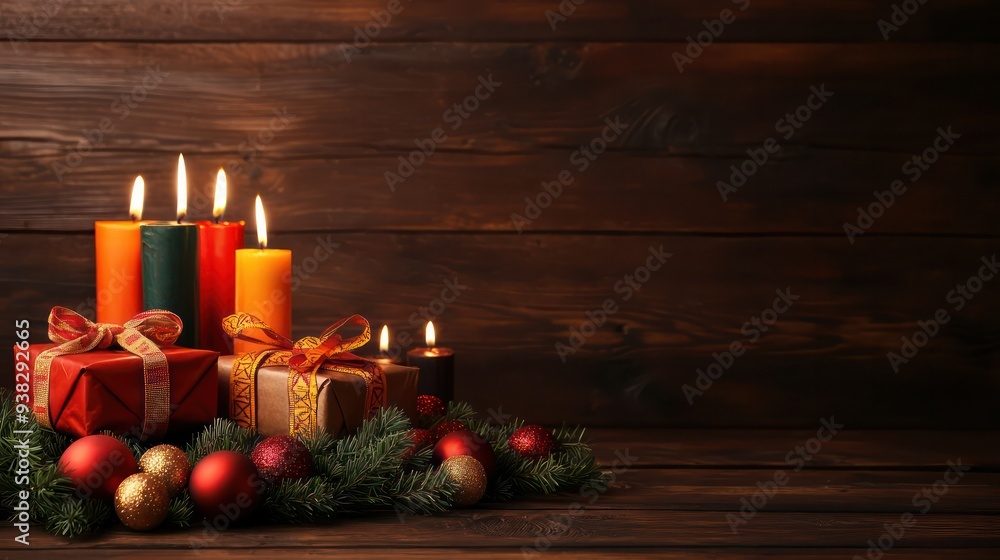 Poster a wooden table with a bunch of candles and presents on it. the candles are lit and the presents are 