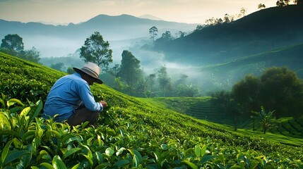 Fototapeta premium A serene landscape showcasing a farmer tending to lush green tea fields under a misty morning sky 
