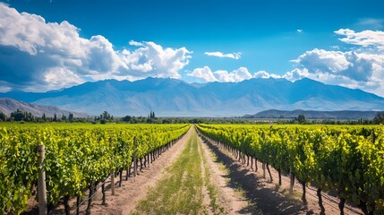 Naklejka premium A stunning view of a lush vineyard stretching towards majestic mountains under a bright blue sky with scattered clouds, showcasing the beauty of nature and agriculture. 