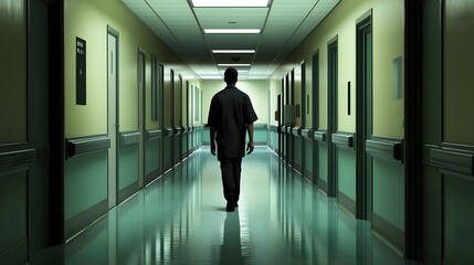 Fototapeta premium A solitary figure walking down an empty hospital corridor, conveying the loneliness and uncertainty of dealing with a serious diagnosis. A healthcare professional walks down a quiet hospital corridor,