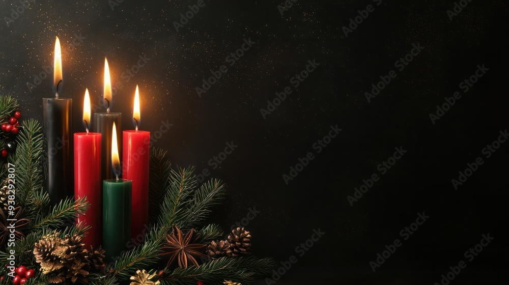 Poster a black background with five candles on it. the candles are lit and are arranged in a row