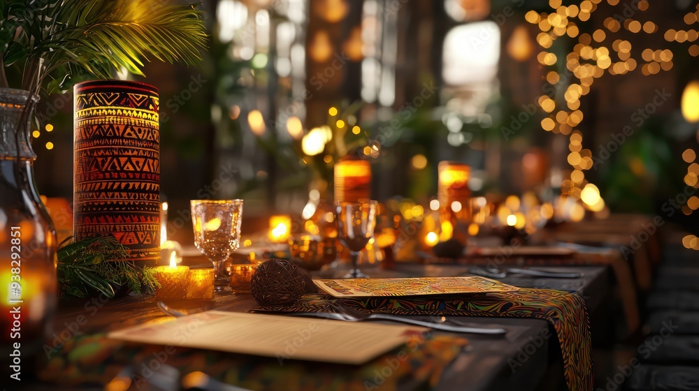 Poster A table with a variety of candles and glasses, with a menu on the table. Scene is warm and inviting, with the candles and table setting creating a cozy atmosphere