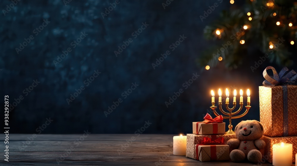 Poster a christmas tree with a teddy bear and a menorah. the teddy bear is sitting on top of a stack of pre