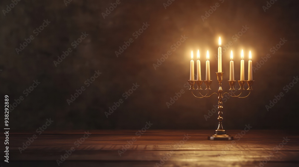 Poster a candle holder with six candles is lit up in a dark room. the candles are arranged in a row, with t