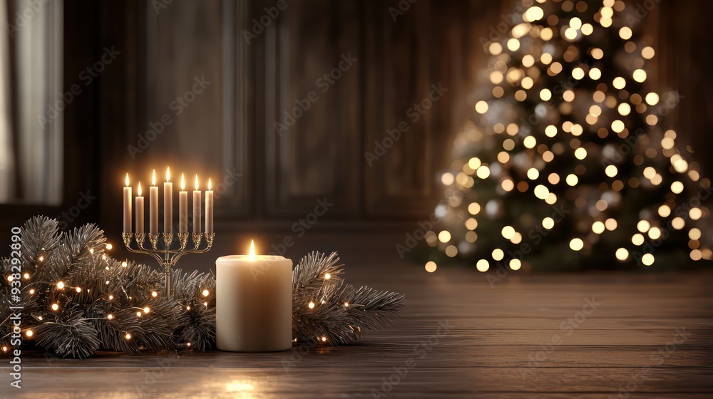 Poster a candle is lit on a table next to a christmas tree. the candle is surrounded by pine needles and is