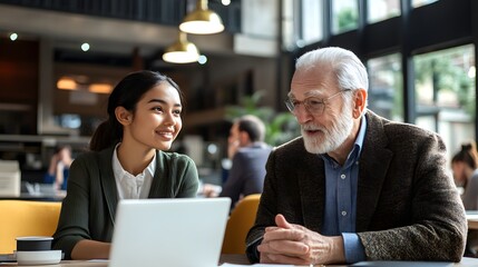 A tech-savvy senior professional mentoring a younger colleague in a modern workspace, with diverse employees working in the background, symbolizing intergenerational collaboration. A young woman and a