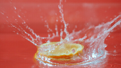 Close up of fresh orange slices water splashing on separated background. Macrography of sliced...