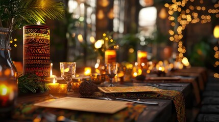 A table with a variety of candles and glasses, with a menu on the table. Scene is warm and inviting, with the candles and table setting creating a cozy atmosphere