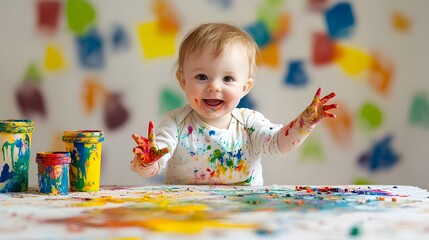 A toddler making a mess with finger paints, colorful smudges on the table, walls, and their clothes. A joyful toddler covered in colorful paint happily displays their hands in an artistic mess. 