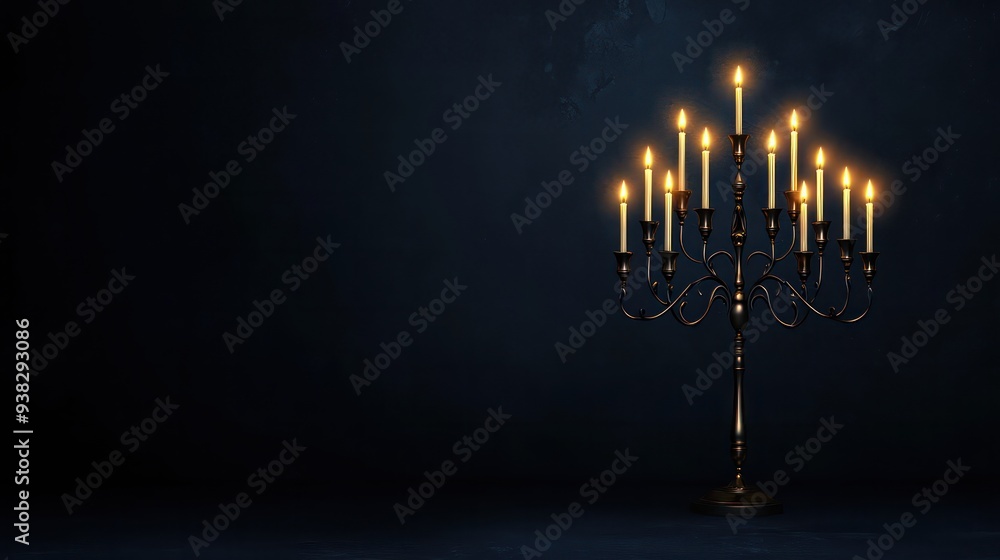 Aufkleber A candle holder with many candles is lit up in a dark room. The candles are arranged in a way that they are all lit up, creating a warm and inviting atmosphere