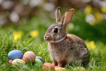 Obraz premium A rabbit sits in the grass surrounded by Easter eggs, a fun and festive scene